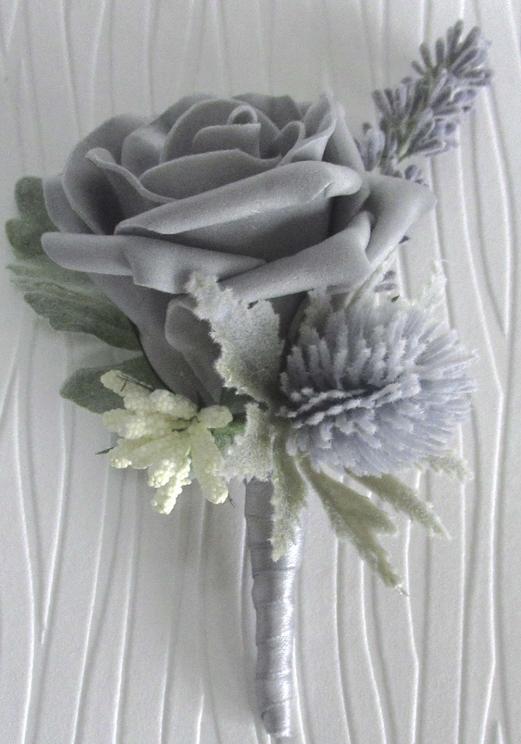 grey artificial buttonhole, grey thistle buttonhole